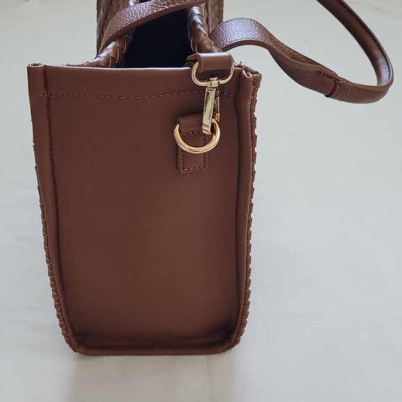 Cognac Brown Vegan Leather Woven Tote Bag & Wallet - Picture 3 of 12